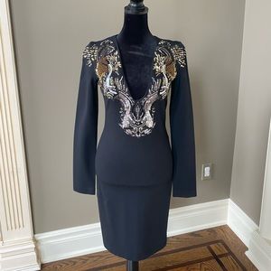 Roberto Cavalli black knit Dress embellished plunge v neck long sleeve sz 40
